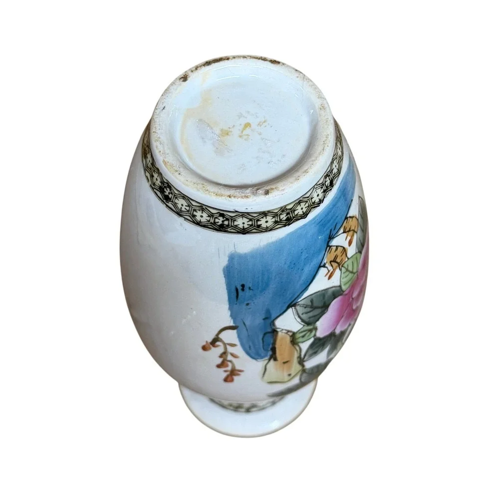 Vtg Chinese Porcelain Floral Vase Hand Painted Peony 8 Inch White‎ Pink Orange